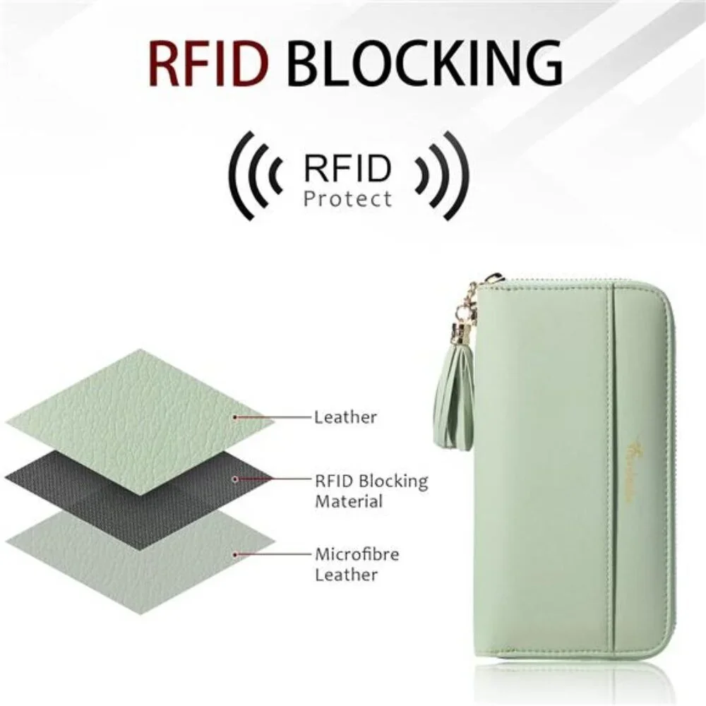 Travelambo Womens RFID Long Wallet Clutch Purse with Tassel Wrist Strap